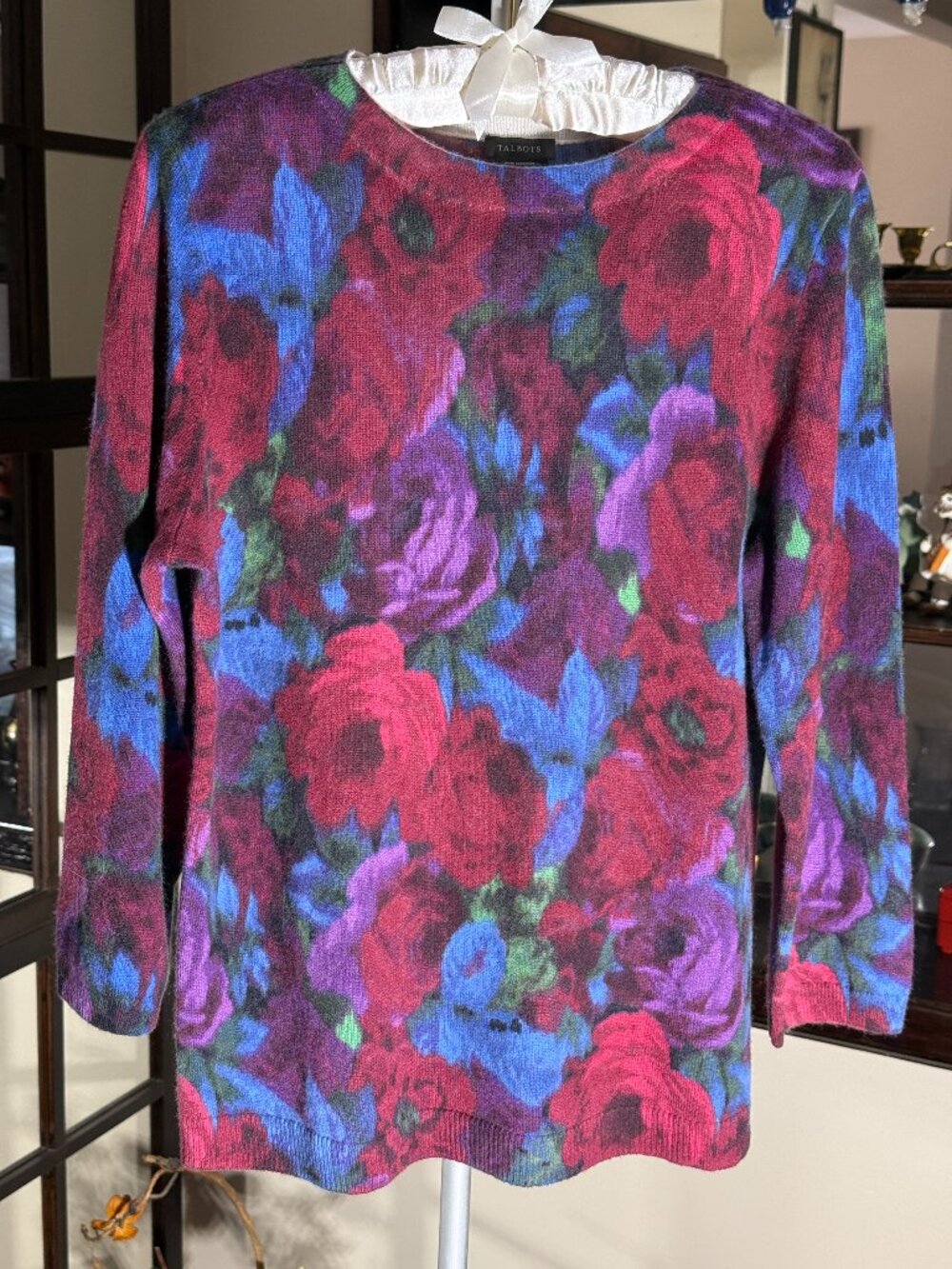 Talbots 100% Cashmere Pullover Sweater Purple/Blue/Red Floral Print Size L